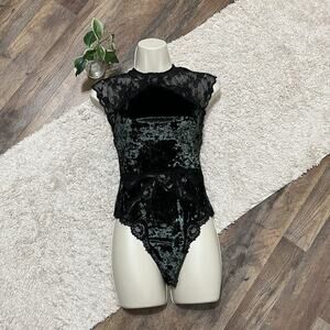 Victoria's Secret Size Small Green Black Velvet Lace Cutout Thong Bodysuit